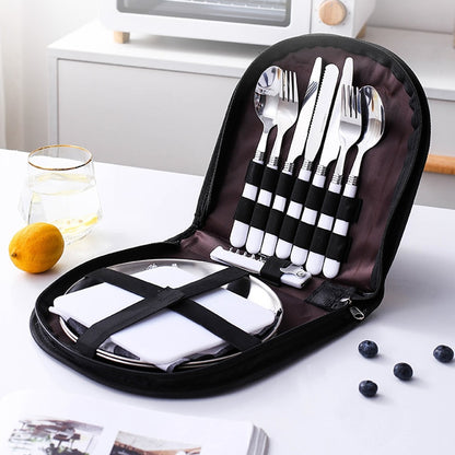 Outdoor Picnic Camping Tableware Fork Spoon Knife Bottle Opener Stainless Steel Foldable Pocket Tableware Set Hike Kitchen Tools